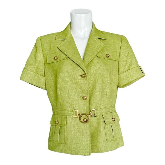 Tahari Arthur S. Levine Women’s Green Belted‎ Textured Button-Up Blouse Size 10P - Picture 1 of 8